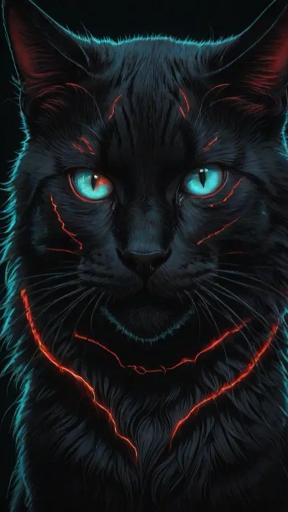 4K wallpaper of a black cat with glowing teal eyes and red neon accents