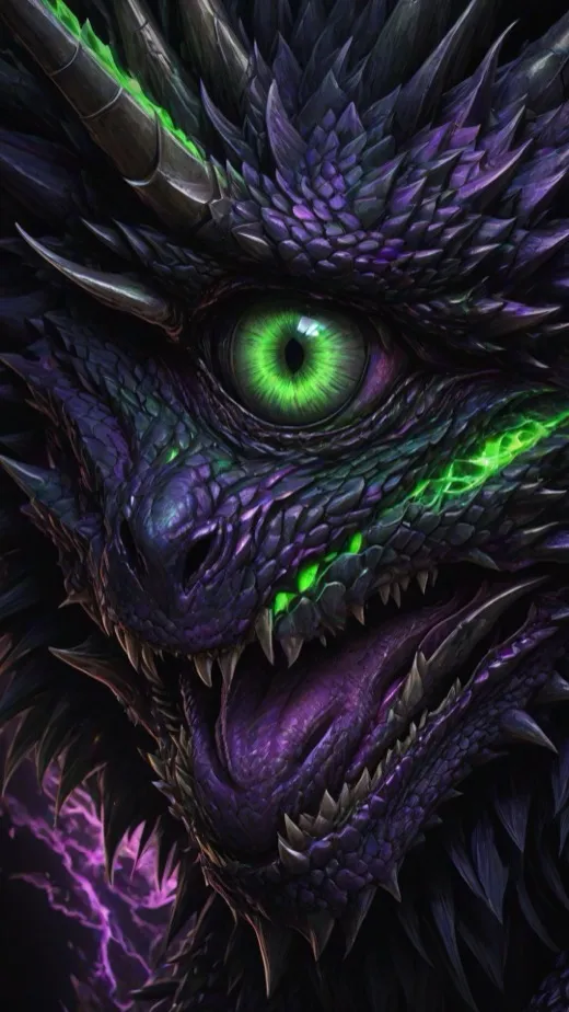 4K wallpaper of a dragon with a glowing green eye in purple scales