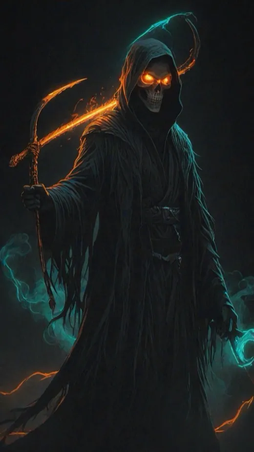 4K wallpaper of a grim reaper with a flaming scythe in teal smoke
