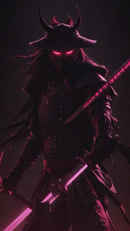 4K wallpaper of a dark samurai with glowing pink eyes and a neon blade