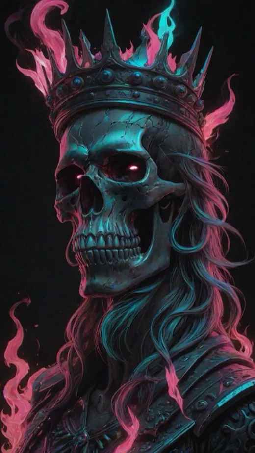 4K wallpaper of a crowned skull king in pink and teal neon