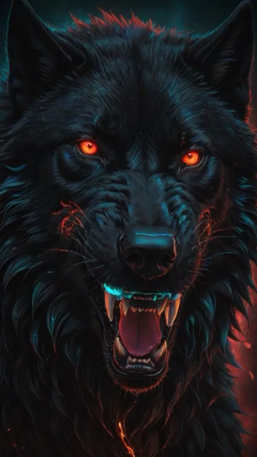 4K wallpaper of a black wolf with burning orange eyes